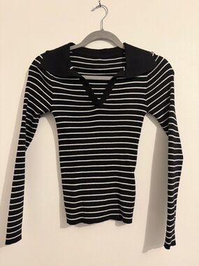 Dazy Striped Black and White Collared Long Sleeve Top